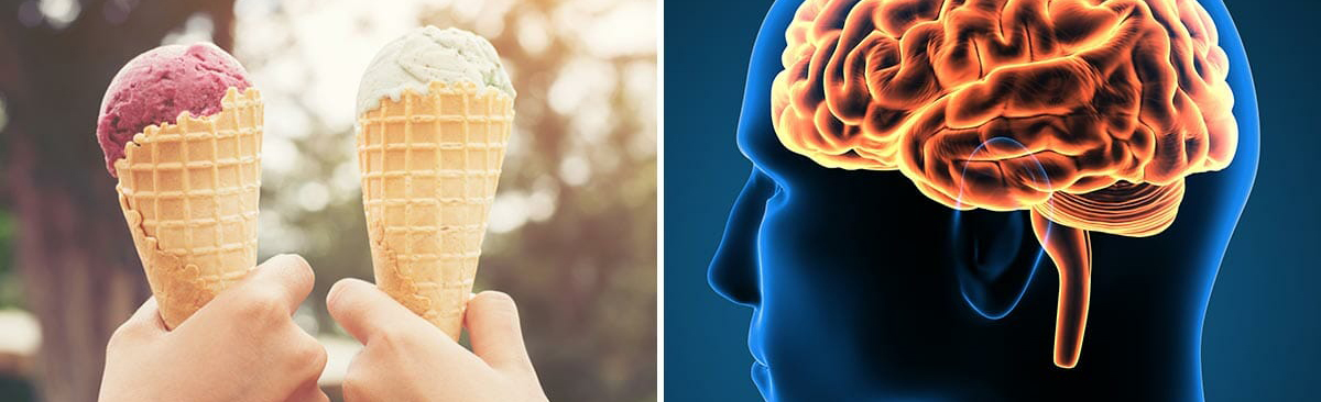 Foto av iskrem i kjeks og illustrasjon av røntgen av hode. Sammensatt bilde.